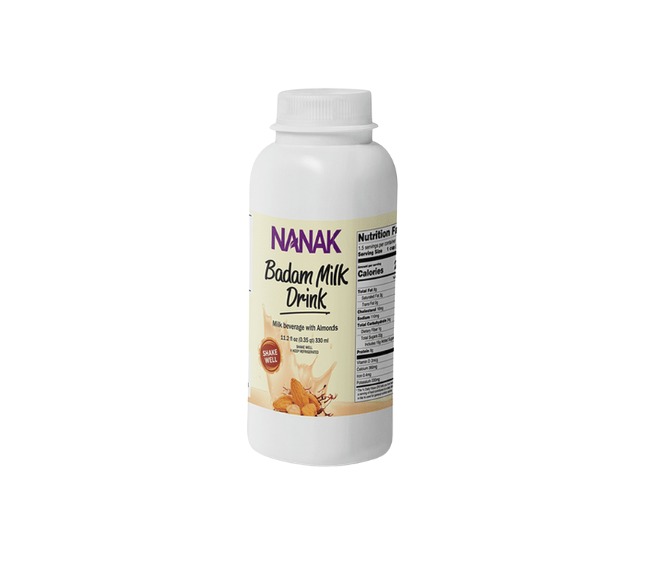 Nanak Badam Milk 330ml bottle, almond-flavored milk drink, nutritious and refreshing beverage
