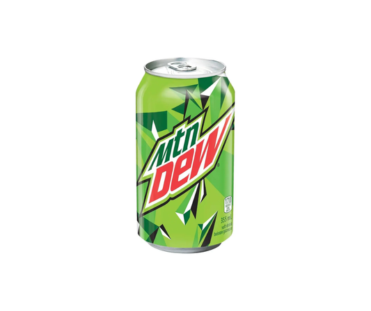 Mountain Dew 355ml can, citrus-flavored carbonated soft drink, refreshing and energizing beverage
