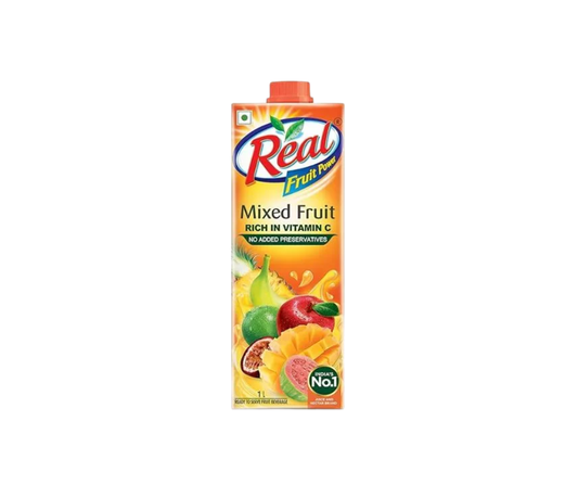 Dabur Real Mixed Fruit Juice 1L carton, blend of natural fruit flavors, refreshing and nutritious fruit juice beverage
