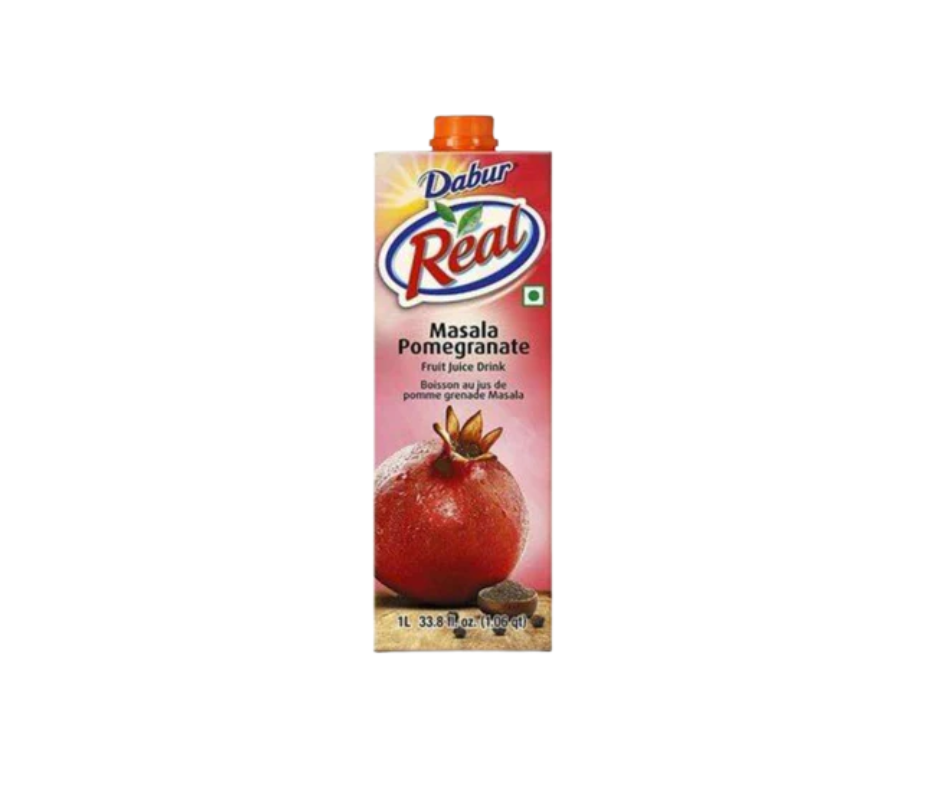 Dabur Real Masala Pomegranate Juice 1L carton, spiced pomegranate-flavored fruit juice beverage, refreshing and tangy
