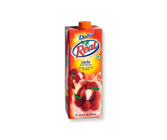 Dabur Real Litchi Juice 1L carton, sweet and refreshing litchi-flavored fruit juice beverage
