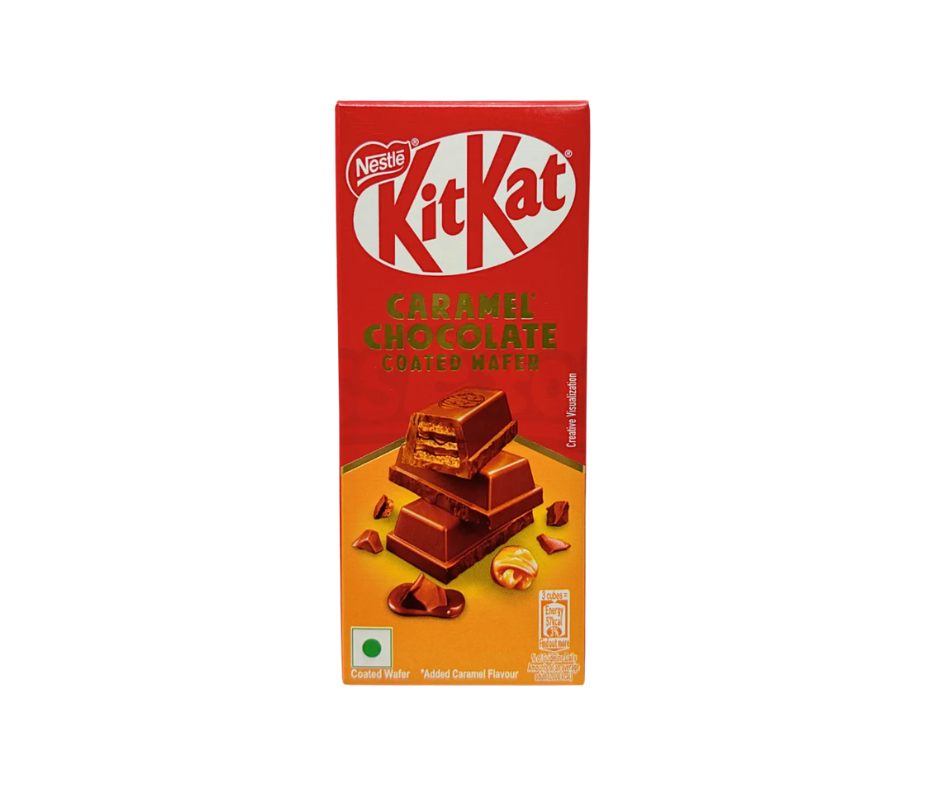 Kit Kat Caramel Chocolate 50g pack, crispy wafer chocolate bar with caramel filling, sweet and crunchy treat (104 characters)
