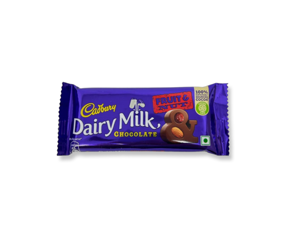 Cadbury Dairy Milk Fruit & Nut 36g pack, milk chocolate bar with nuts and dried fruits, rich and crunchy sweet treat (108 characters)
