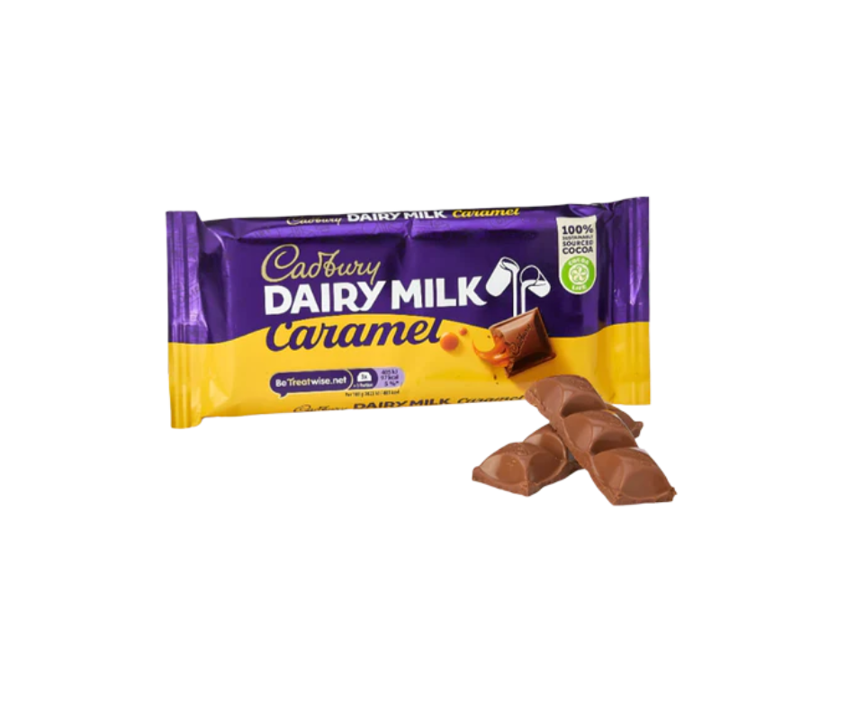 Cadbury Dairy Milk Caramel 120g pack, milk chocolate bar with smooth caramel filling, rich and indulgent sweet treat (107 characters)
