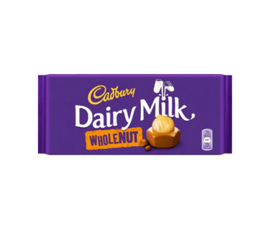 Cadbury Dairy Milk Wholenut 120g pack, milk chocolate bar with whole nuts, rich and crunchy indulgent sweet treat (108 characters)
