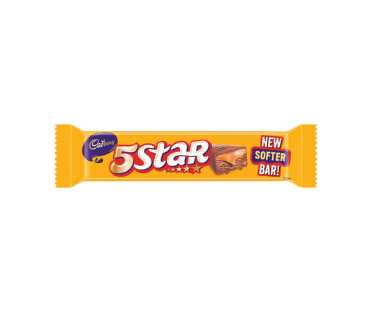 Cadbury 5 Star 40g pack, chewy chocolate bar with caramel nougat, rich and indulgent sweet treat (98 characters)

