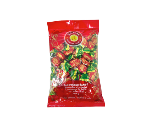Kamal Pan Pasand Candy 200g pack, traditional paan-flavored hard candy, refreshing and aromatic sweet treat (109 characters)
