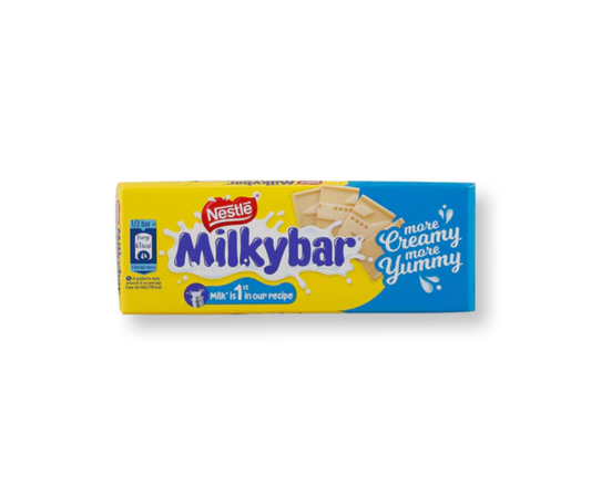 Nestle Milky Bar 25g pack, smooth and creamy white chocolate bar, sweet and indulgent treat for all ages (102 characters)
