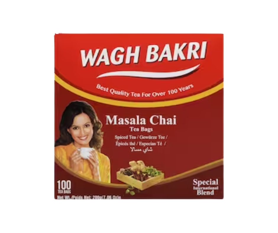 Front view of Wagh Bakri Masala Tea 100 bags box
