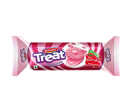 Britannia Treat Strawberry 120g – crispy sandwich biscuits filled with sweet strawberry cream
