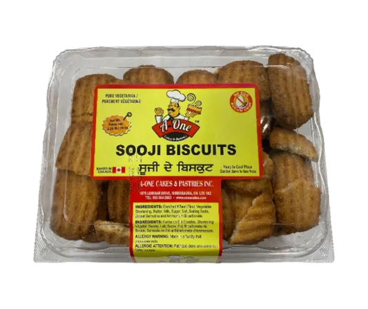 A-One Sooji Biscuits 2.5 lbs – crispy semolina biscuits, lightly sweetened, perfect with tea
