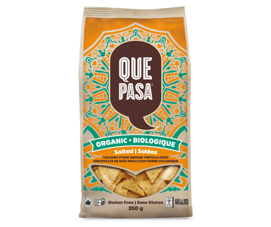 Que Pasa Tortilla Chips made from corn with a crispy texture, ideal for snacking and dipping