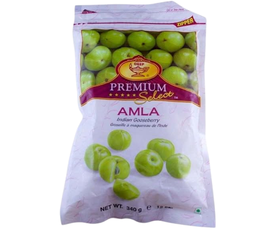 Deep amla 340 g frozen Indian gooseberry slices used for juices, pickles, Ayurvedic remedies, and traditional recipes
