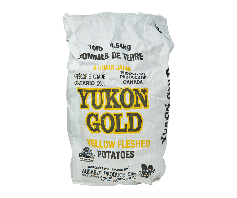 Fresh Yukon Gold potatoes, 10 lb bag, smooth yellow-skinned potato, versatile for roasting, mashing, and cooking in various recipes
