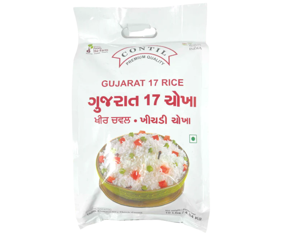 Gujarat 17 Rice 10 lb bag showing medium-to-long grains and aromatic Indian rice for steamed rice, biryani, and everyday meals
