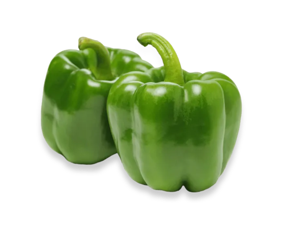 Fresh green bell pepper, crisp and vibrant vegetable, commonly used in salads, stir-fries, and Indian cooking
