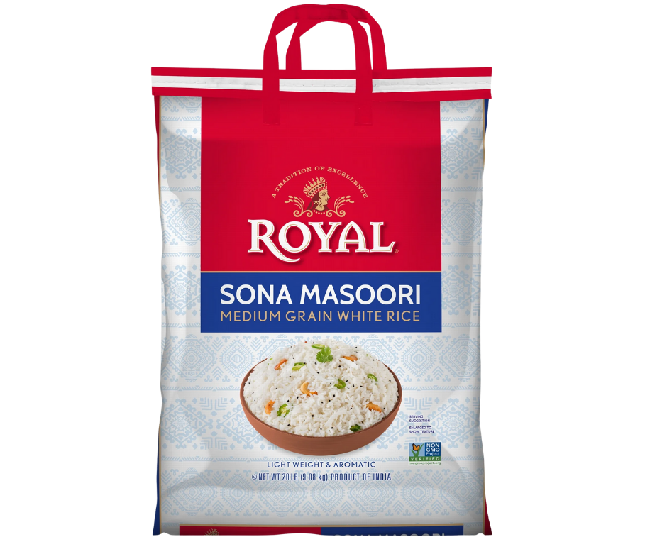 Royal Sona Masoori Rice 20 lb bag showing premium medium-grain Indian rice used for everyday cooking and biryani