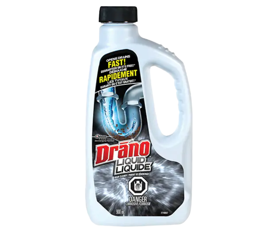 Drano Liquid Drain Cleaner 900 ml fast-acting clog remover for kitchen and bathroom drains
