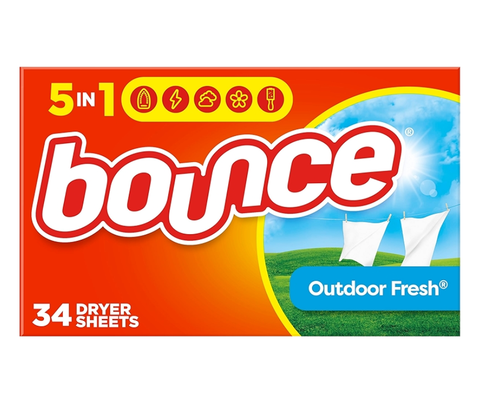Bounce Dryer Sheets 34 Count Outdoor Fresh for reducing static, softening fabrics, and fresh laundry
