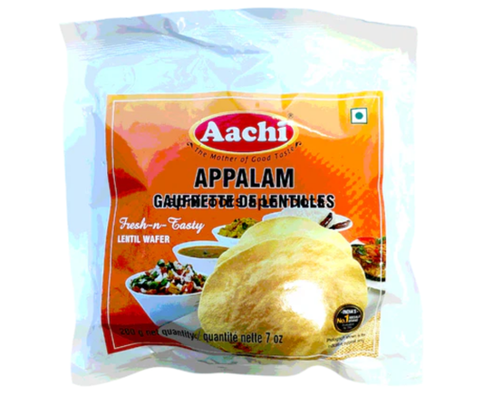 aachi appalam two hundred gram thin crispy south indian lentil wafers perfect for frying or roasting
