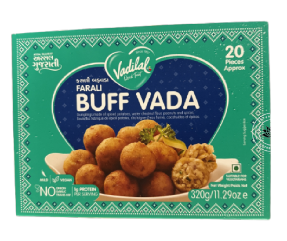 Vadilal farali buff vada three hundred twenty gram pack Indian snack made with spiced potatoes and gram flour coating ready to cook

