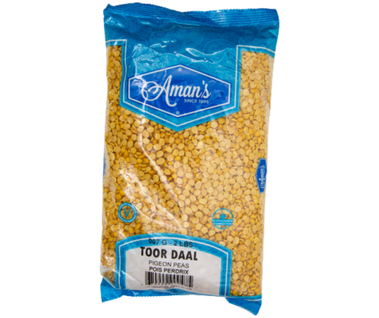 Aman's toor dal 2 lb bag, premium split pigeon peas ideal for Indian dals, sambar, curries, and everyday cookin