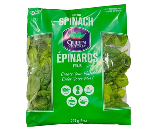 Fresh Spinach Bag 227g – crisp and nutritious leafy greens, ideal for salads and cooking.
