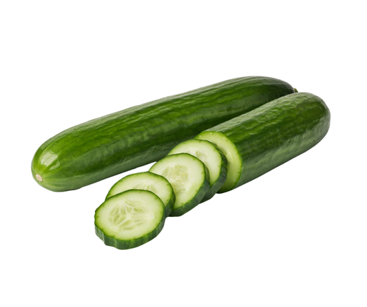 Fresh English cucumbers, long and smooth green cucumbers, crisp and refreshing, commonly used in salads, sandwiches, and healthy recipes
