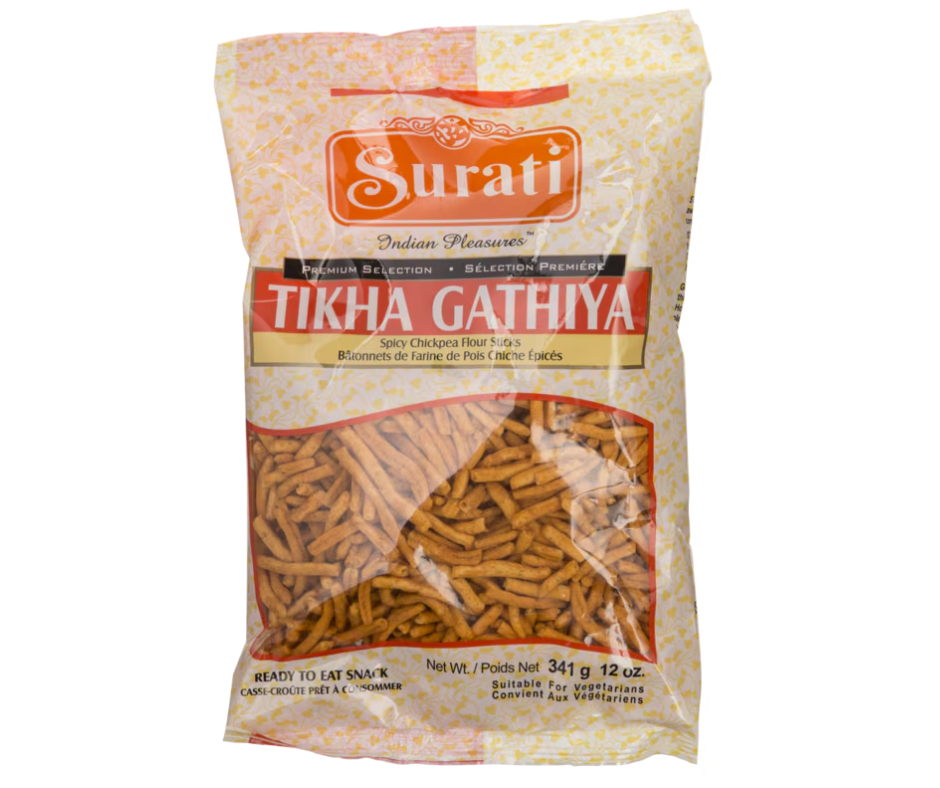 Surati Tikha Gathiya 341g - Spicy and crispy Indian snack made from gram flour, perfect for savory munching
