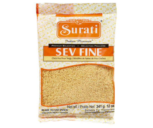 Surati Sev Fine 341g - Thin and crispy Indian snack made from spiced gram flour noodles
