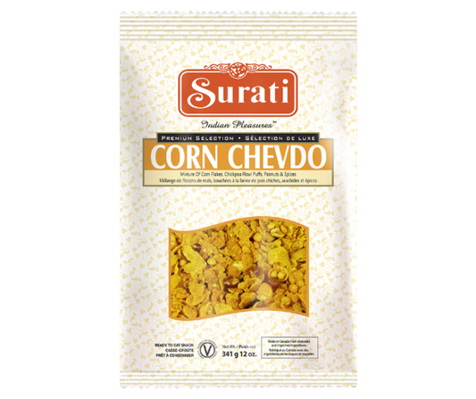 Surati Corn Chevdo 340g - Crunchy and spicy Indian snack made from roasted corn and savory spices
