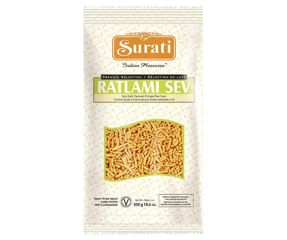 Surati Ratlami Sev 300g - Spicy and crispy Indian snack made from gram flour noodles

