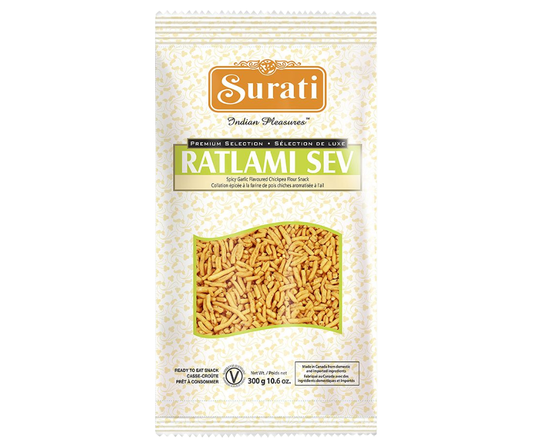 Surati Ratlami Sev 300g - Spicy and crispy Indian snack made from gram flour noodles
