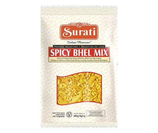 Surati Bhel Mix Spicy 300g - Tangy and crunchy Indian snack mix with puffed rice and spicy flavors
