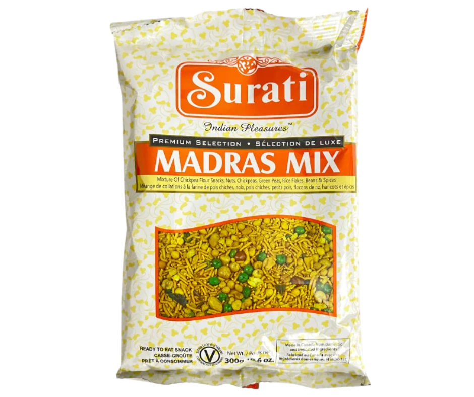 Surati Madras Mix 341g - Spicy and crunchy Indian snack mix with lentils, nuts, and savory flavors
