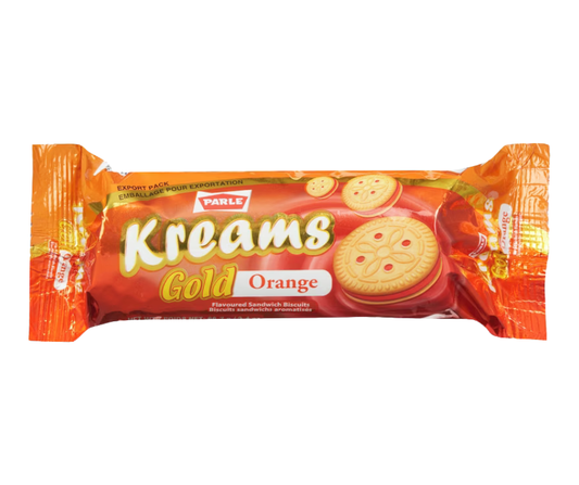 Parle Kreams Gold Orange 66 g pack, cream-filled sandwich biscuits with tangy orange-flavored cream, sweet and crunchy Indian snack cookies

