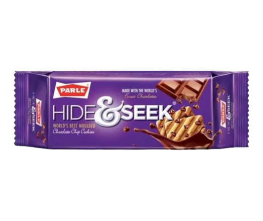 Parle Hide & Seek Choc Chips 82 g pack, chocolate chip biscuits with rich cocoa flavor and crunchy texture, popular Indian snack cookies

