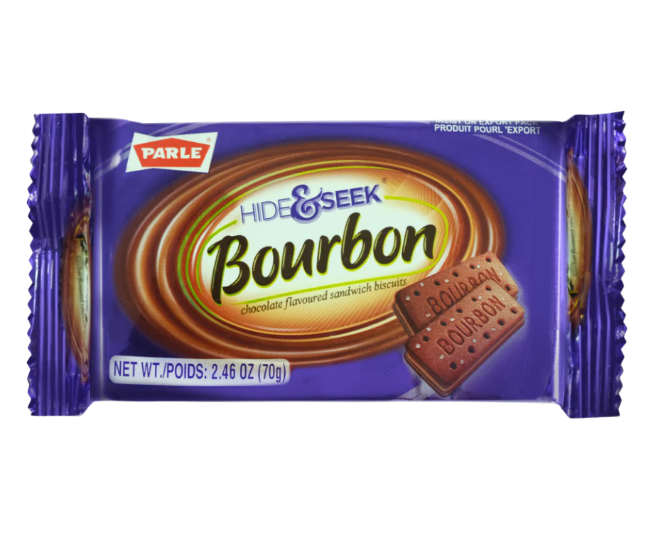 Parle Hide & Seek Bourbon 70 g pack, chocolate cream–filled sandwich biscuits with rich cocoa flavor, crunchy Indian snack cookies
