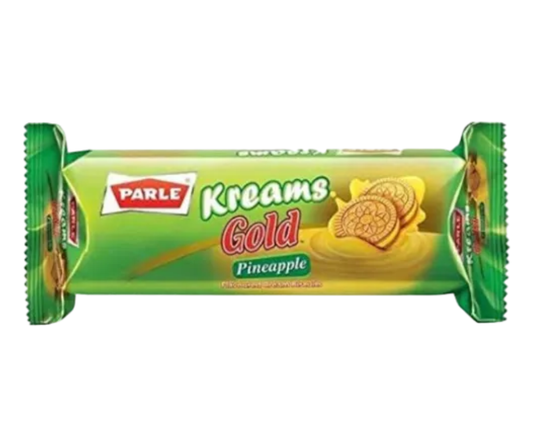 Parle Kreams Gold Pineapple 66 g pack, cream-filled sandwich biscuits with sweet pineapple-flavored cream, crunchy Indian snack cookies
