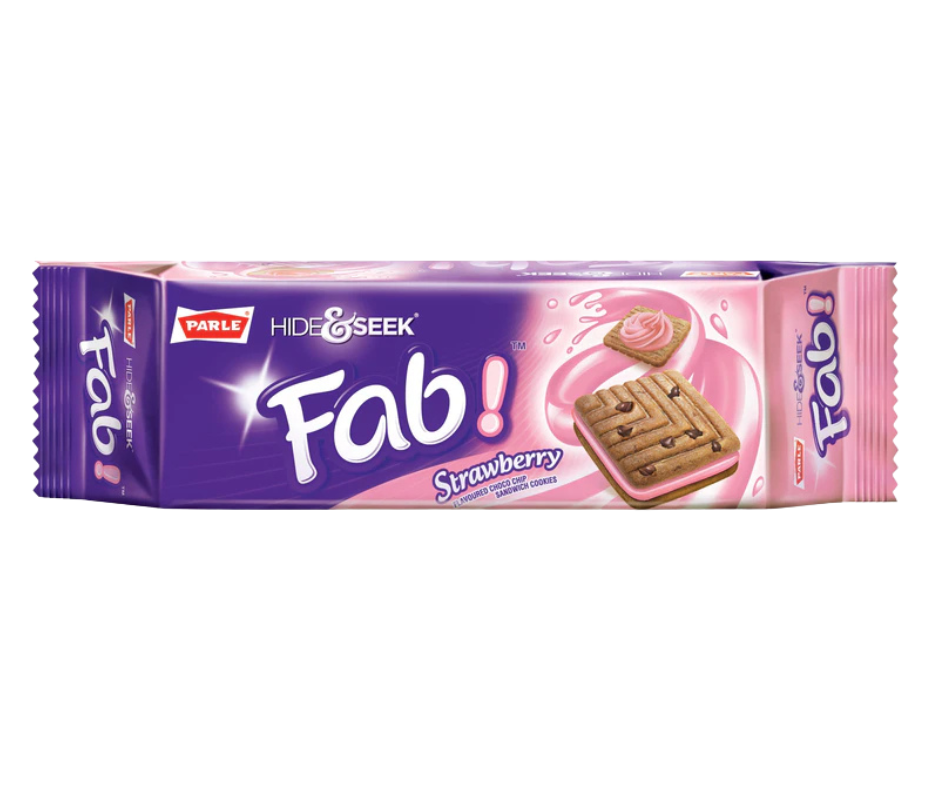 Parle Hide & Seek Fab Strawberry 112 g pack, chocolate biscuits filled with sweet strawberry-flavored cream, crunchy Indian snack cookies
