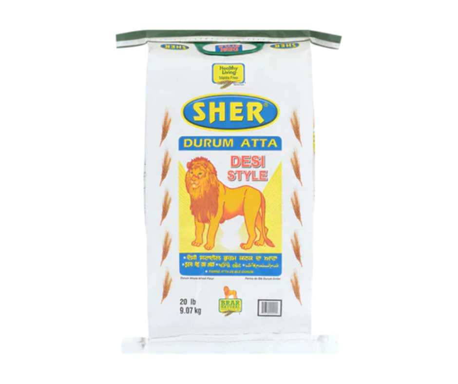 Sher Desi Style Atta 20 lbs whole wheat flour bag, finely milled desi atta for soft chapati, roti, and traditional Indian flatbreads